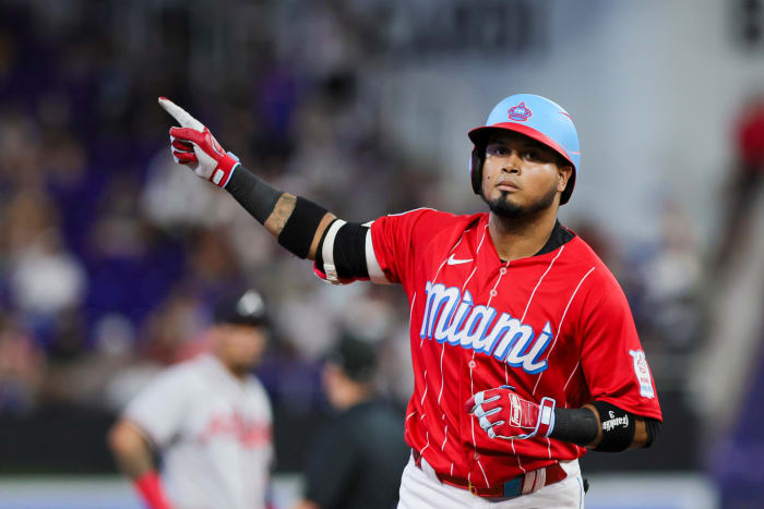 Sep 16, 2023; Miami, Florida, USA; Miami Marlins second baseman Luis Arraez (3) circles the bases after hitting a home run against the Atlanta Braves during the first inning at loanDepot Park.